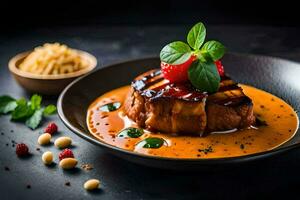 une assiette de nourriture avec une steak et sauce. généré par ai photo