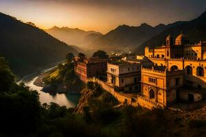 le le coucher du soleil plus de le palais dans Inde. généré par ai photo