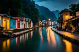 une canal dans le montagnes avec Maisons sur Soit côté. généré par ai photo