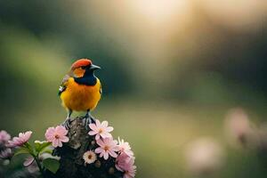 une oiseau est séance sur une arbre souche avec fleurs. généré par ai photo