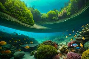 un sous-marin scène avec corail récifs et poisson. généré par ai photo