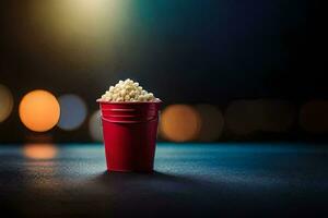 pop corn dans une rouge tasse sur une foncé tableau. généré par ai photo