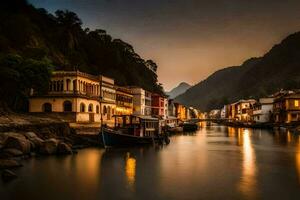 une rivière dans le montagnes à nuit avec bateaux. généré par ai photo