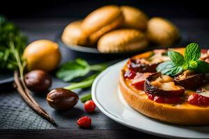 une dessert avec fruit et des noisettes sur une plaque. généré par ai photo