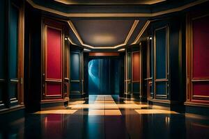une couloir avec rouge et bleu des portes et une lumière. généré par ai photo