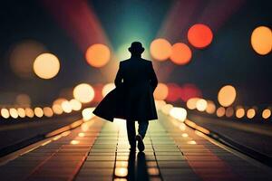 une homme dans une tranchée manteau des promenades vers le bas une route à nuit. généré par ai photo