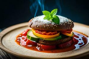 une Hamburger avec des légumes et sauce sur une plaque. généré par ai photo