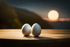 deux des œufs sur une table dans de face de une le coucher du soleil. généré par ai photo