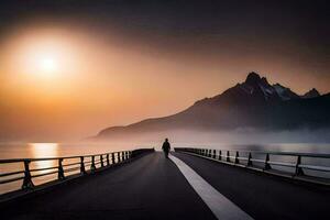 une homme des promenades sur une pont plus de l'eau à le coucher du soleil. généré par ai photo