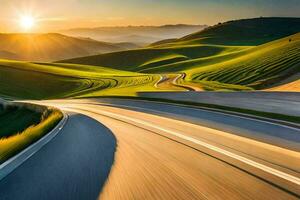 le Soleil ensembles plus de une enroulement route dans le campagne. généré par ai photo