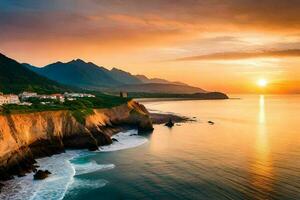 le Soleil ensembles plus de le océan et falaises. généré par ai photo