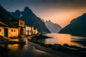 une maison est assis sur le rive de une Lac à le coucher du soleil. généré par ai photo