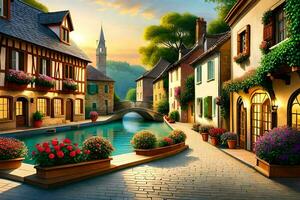 une La peinture de une petit ville avec une canal et fleurs. généré par ai photo