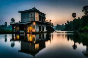 une maison est assis sur le bord de une rivière à le coucher du soleil. généré par ai photo