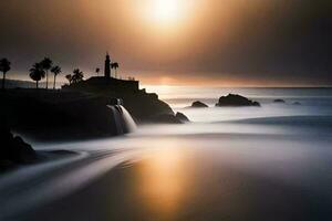 une phare des stands dans le milieu de le océan. généré par ai photo