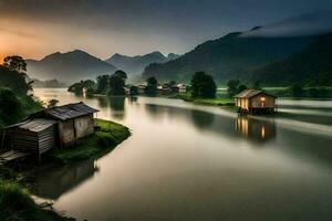 photo fond d'écran le ciel, montagnes, eau, le rivière, le montagnes, le eau, le. généré par ai