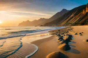 le plage et rochers de le plage à le coucher du soleil. généré par ai photo