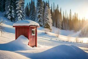 une rouge appentis est assis dans le neige. généré par ai photo