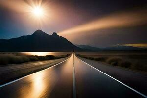 une longue route avec le Soleil brillant dans le Contexte. généré par ai photo