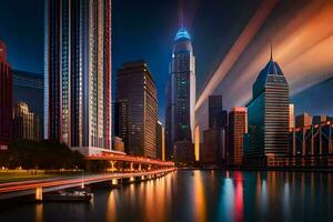 une ville horizon à nuit avec lumières et circulation. généré par ai photo