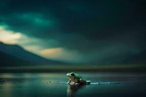 une grenouille séance sur le l'eau dans de face de une orageux ciel. généré par ai photo