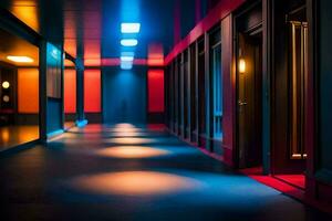 une couloir avec rouge, bleu et Jaune lumières. généré par ai photo