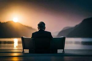 une homme séance sur une chaise surplombant une Lac à le coucher du soleil. généré par ai photo