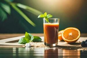 une verre de Orange jus avec menthe feuilles et baies. généré par ai photo