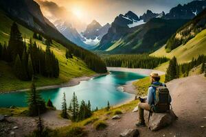 une homme avec sac à dos séance sur le bord de une Montagne lac. généré par ai photo