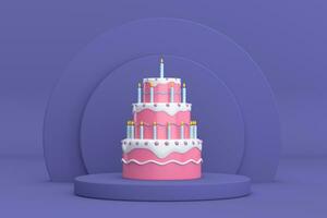 anniversaire dessin animé dessert échelonné gâteau et bougies plus de violet très péri cylindres des produits étape piédestal. 3d le rendu photo