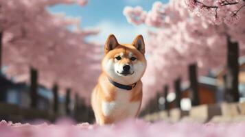 mignonne shiba inu à le Japonais rue avec épanouissement Sakura des arbres et bleu ciel sur le Contexte photo