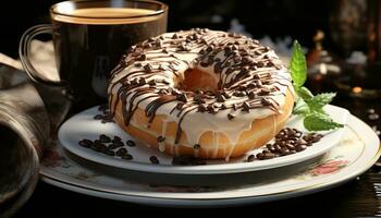 fait maison dessert Chocolat Donut avec café, sucré tentation généré par ai photo