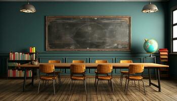 apprentissage dans une moderne salle de cours avec en bois bureaux et tableau noir généré par ai photo