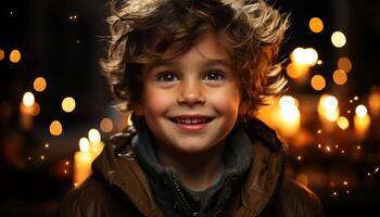 souriant enfant, de bonne humeur garçons, hiver joie, illuminé nuit, fête en plein air généré par ai photo