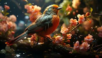 une mignonne oiseau se percher sur une bifurquer, entouré par vibrant fleurs généré par ai photo