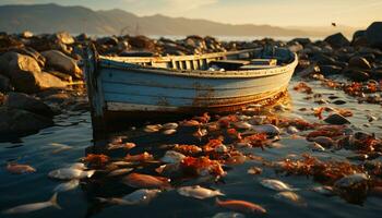 le coucher du soleil plus de tranquille littoral, pêche bateau reflète beauté dans la nature généré par ai photo
