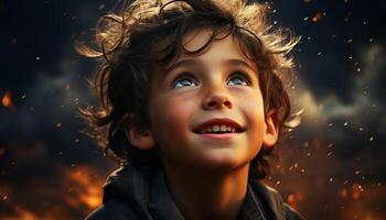 souriant enfant, de bonne humeur garçons, bonheur en plein air, mignonne portrait de enfance généré par ai photo