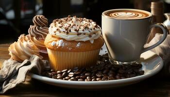 fraîchement cuit muffin sur en bois table avec crémeux cappuccino généré par ai photo