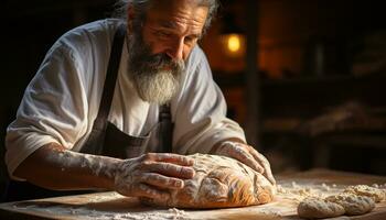 un homme, fait maison pain, travail dans cuisine, en train de préparer Frais pâte généré par ai photo