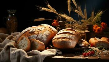 fraîchement cuit pain ciabatta, une rustique gourmet repas sur en bois table généré par ai photo