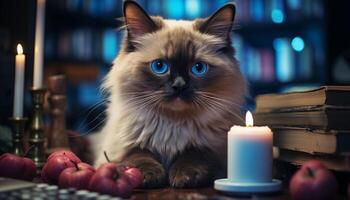 mignonne chaton séance sur tableau, à la recherche à bougie flamme généré par ai photo