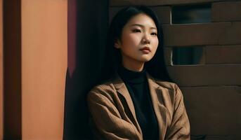 portrait de une magnifique Jeune asiatique femme avec ombre sur mur. ai génératif photo