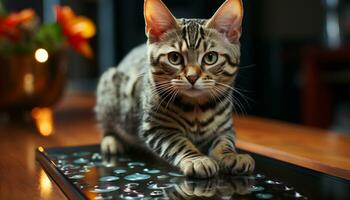 mignonne chaton séance sur tableau, à la recherche à caméra avec curiosité généré par ai photo