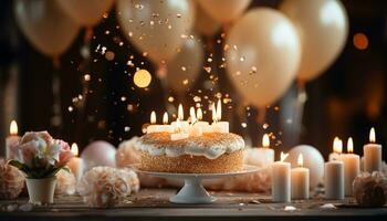 brûlant bougie illumine anniversaire gâteau, sucré dessert décoration généré par ai photo