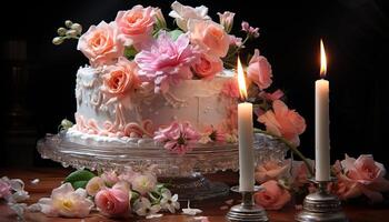 romantique mariage fête avec élégant fleur bouquet et aux chandelles généré par ai photo