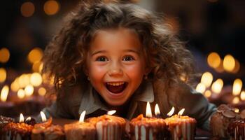 souriant enfant détient bougie, apporte bonheur à famille fête généré par ai photo