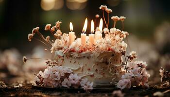 brûlant bougie illumine anniversaire gâteau, symbolisant fête et indulgence généré par ai photo