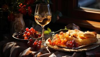 fraîcheur de vin, gourmet repas, indulgence dans la nature fête généré par ai photo