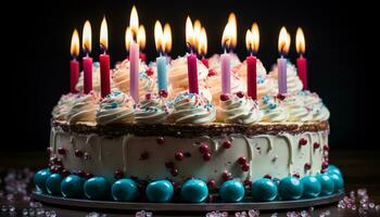 anniversaire gâteau avec bougies, Chocolat glaçage, et coloré décorations généré par ai photo