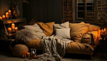 confortable hiver chambre à coucher, illuminé par chandelle, avec confortable oreiller généré par ai photo